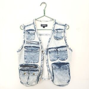Y2K Thrill Jeans Acid Wash Denim Utility Fashion Vest Multi Pockets L Gorpcore
